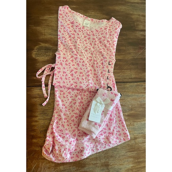 Mina & Moon Womens 3pc Pajama Set Pink Floral Shirt Shorts Fuzzy Socks Large - Picture 2 of 3